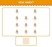 How many cartoon turnip. Counting game. Educational game for pre shool years kids and toddlers vector