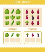 cuántas verduras de dibujos animados. juego de conteo juego educativo para niños de edad preescolar y niños pequeños vector