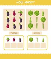 How many cartoon vegetables. Counting game. Educational game for pre shool years kids and toddlers vector