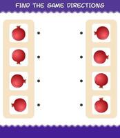 Match the same directions of pomegranate. Matching game. Educational game for pre shool years kids and toddlers vector