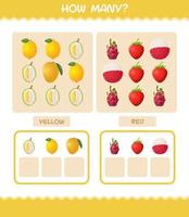 cuántas frutas de dibujos animados. juego de conteo juego educativo para niños y niños pequeños en edad preescolar vector