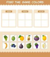 encontrar los mismos colores de las frutas. juego de búsqueda y combinación. juego educativo para niños y niños pequeños en edad preescolar vector