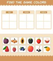 encontrar los mismos colores de las frutas. juego de búsqueda y combinación. juego educativo para niños y niños pequeños en edad preescolar vector