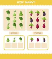 How many cartoon vegetables. Counting game. Educational game for pre shool years kids and toddlers vector