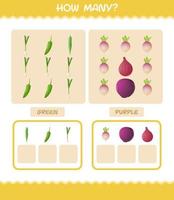 cuántas verduras de dibujos animados. juego de conteo juego educativo para niños de edad preescolar y niños pequeños vector