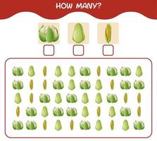 How many cartoon vegetables. Counting game. Educational game for pre shool years kids and toddlers vector