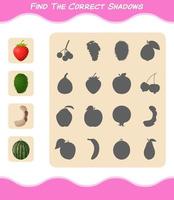 encuentra las sombras correctas de las frutas de dibujos animados. juego de búsqueda y combinación. juego educativo para niños de edad preescolar y niños pequeños vector