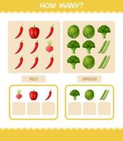 How many cartoon vegetables. Counting game. Educational game for pre shool years kids and toddlers vector