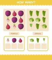 How many cartoon vegetables. Counting game. Educational game for pre shool years kids and toddlers vector