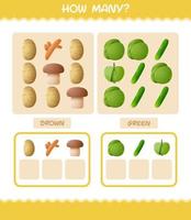 How many cartoon vegetables. Counting game. Educational game for pre shool years kids and toddlers vector