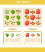 cuántas frutas de dibujos animados. juego de conteo juego educativo para niños y niños pequeños en edad preescolar vector