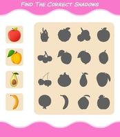 encuentra las sombras correctas de las frutas de dibujos animados. juego de búsqueda y combinación. juego educativo para niños de edad preescolar y niños pequeños vector