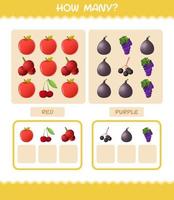 cuántas frutas de dibujos animados. juego de conteo juego educativo para niños y niños pequeños en edad preescolar vector