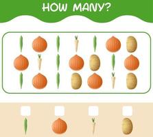 How many cartoon vegetables. Counting game. Educational game for pre shool years kids and toddlers vector