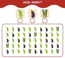 How many cartoon vegetables. Counting game. Educational game for pre shool years kids and toddlers vector