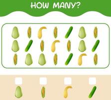 How many cartoon vegetables. Counting game. Educational game for pre shool years kids and toddlers vector