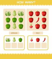 How many cartoon vegetables. Counting game. Educational game for pre shool years kids and toddlers vector