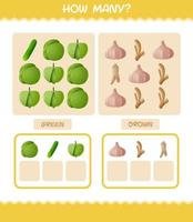 How many cartoon vegetables. Counting game. Educational game for pre shool years kids and toddlers vector