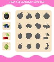 encuentra las sombras correctas de las frutas de dibujos animados. juego de búsqueda y combinación. juego educativo para niños de edad preescolar y niños pequeños vector