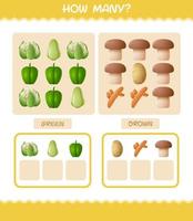 How many cartoon vegetables. Counting game. Educational game for pre shool years kids and toddlers vector