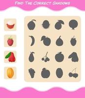 encuentra las sombras correctas de las frutas de dibujos animados. juego de búsqueda y combinación. juego educativo para niños de edad preescolar y niños pequeños vector