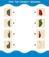 encuentra las sombras correctas de las frutas de dibujos animados. juego de búsqueda y combinación. juego educativo para niños de edad preescolar y niños pequeños vector