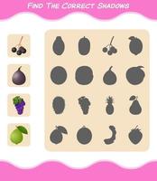 encuentra las sombras correctas de las frutas de dibujos animados. juego de búsqueda y combinación. juego educativo para niños de edad preescolar y niños pequeños vector