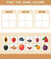 encontrar los mismos colores de las frutas. juego de búsqueda y combinación. juego educativo para niños y niños pequeños en edad preescolar vector