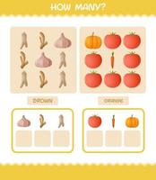 How many cartoon vegetables. Counting game. Educational game for pre shool years kids and toddlers vector