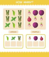 How many cartoon vegetables. Counting game. Educational game for pre shool years kids and toddlers vector