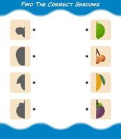 encuentra las sombras correctas de las frutas de dibujos animados. juego de búsqueda y combinación. juego educativo para niños de edad preescolar y niños pequeños vector