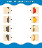 encuentra las sombras correctas de las frutas de dibujos animados. juego de búsqueda y combinación. juego educativo para niños de edad preescolar y niños pequeños vector