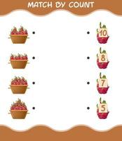 Match by count of cartoon dragon fruit. Match and count game. Educational game for pre shool years kids and toddlers vector