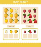 cuántas frutas de dibujos animados. juego de conteo juego educativo para niños y niños pequeños en edad preescolar vector