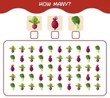 How many cartoon vegetables. Counting game. Educational game for pre shool years kids and toddlers vector