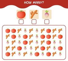 cuántas verduras de dibujos animados. juego de conteo juego educativo para niños de edad preescolar y niños pequeños vector