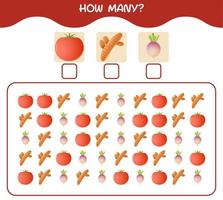 How many cartoon vegetables. Counting game. Educational game for pre shool years kids and toddlers vector