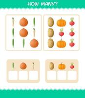 How many cartoon vegetables. Counting game. Educational game for pre shool years kids and toddlers vector