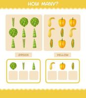 How many cartoon vegetables. Counting game. Educational game for pre shool years kids and toddlers vector