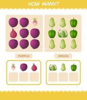 How many cartoon vegetables. Counting game. Educational game for pre shool years kids and toddlers vector