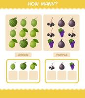 cuántas frutas de dibujos animados. juego de conteo juego educativo para niños y niños pequeños en edad preescolar vector