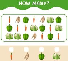 How many cartoon vegetables. Counting game. Educational game for pre shool years kids and toddlers vector
