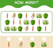 How many cartoon vegetables. Counting game. Educational game for pre shool years kids and toddlers vector