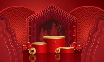 podio y fondo para el año nuevo chino, festivales chinos, festival del medio otoño, flores y elementos asiáticos en el fondo. vector