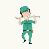 Illustration character Professional plumber Cartoon emotions and a toolbox in the other hand vector