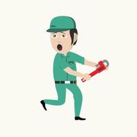 Illustration character Professional plumber Cartoon emotions and a toolbox in the other hand vector