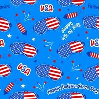 Beauty mask and fire crackers pattern design in USA colors - funny drawing seamless pattern. wallpaper, wrapping paper. Happy Independence Day. Red, white and blue vector