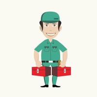 Illustration character Professional plumber Cartoon emotions and a toolbox in the other hand vector