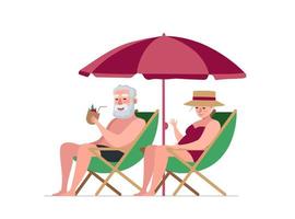 Elderly couple retired grandparents summer activity. Old people on loungers drinks cocktail and relax on sea beach. Senior persons sunbathe together on travel. Retired leisure relationships. Vector