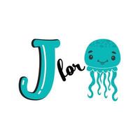 j para medusas, letra j e ilustración vectorial de medusas, diseño alfabético para niños vector